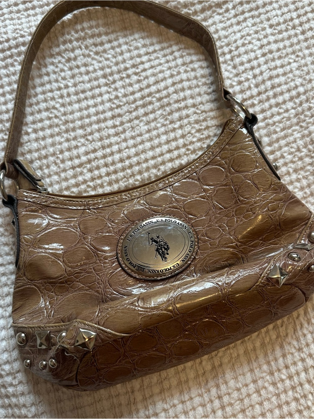 Deep Beige Croc-Embossed Shoulder Bag with Silver Studs and Medallion Accent